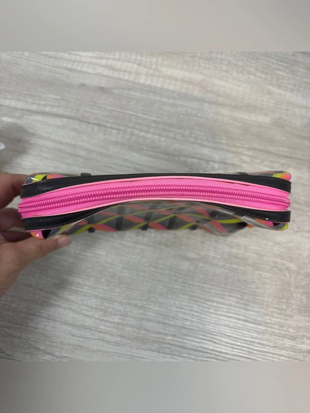 Trina Turk cosmetic bag colorful neon geometric pattern